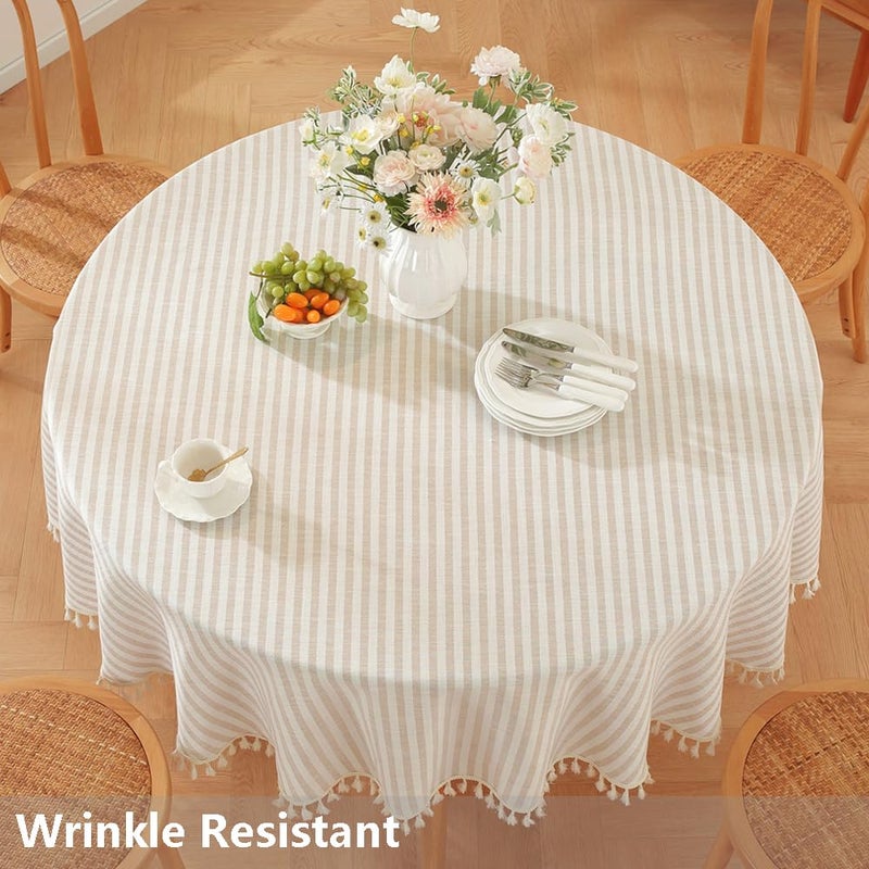 TruDelve Small Round Table Cloth 60 Inch Beige Striped Cloth Tablecloth Boho Fall Round Tablecloths for Outdoor Table Cover (Beige,60",Round) - Image 2